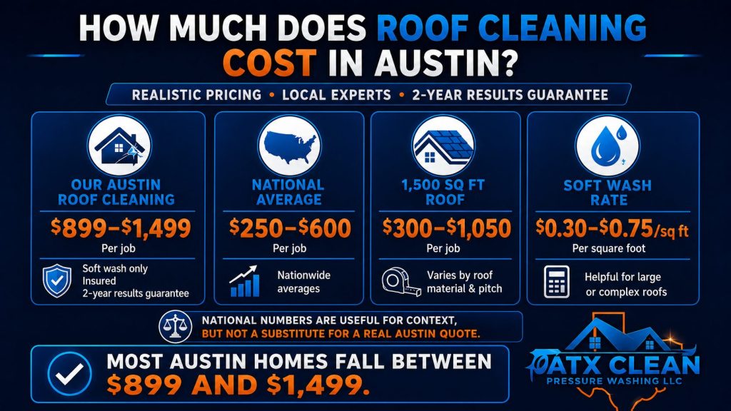 Infographic comparing Austin roof cleaning costs, showing local soft-wash pricing of $899 to $1,499 versus national average roof cleaning price ranges.