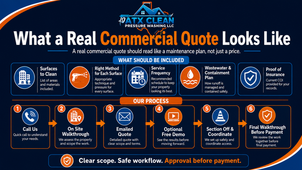 Infographic showing what should be included in a commercial pressure washing quote, including surfaces to clean, cleaning methods, service frequency, wastewater plan, proof of insurance, and the step-by-step quoting process.